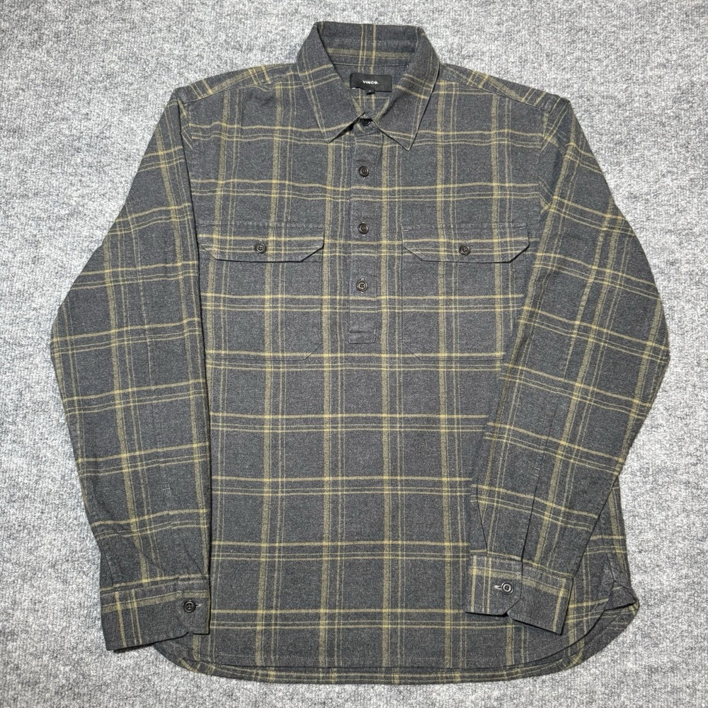 Vince Plaid Flannel Popover Shirt Henley Long Sleeve M Gray Pullover‎ Pockets